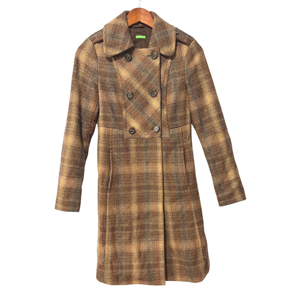 United Colors of Benetton Brown Plaid Wool Blend Double Breasted Pea Coat Siz 38